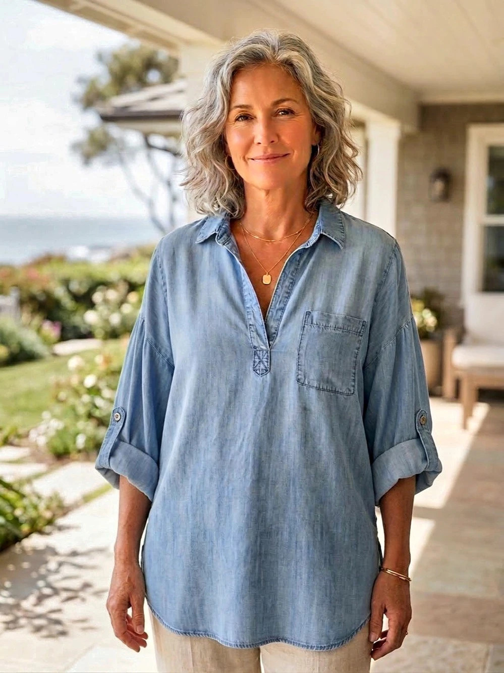 bella dahl Tencel Pocket Tunic Shirt Washed Blue Soft Denim Large